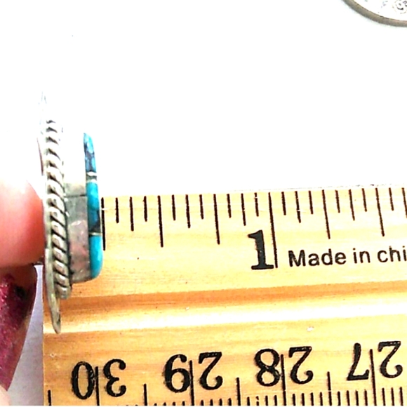 Native American Natural Turquoise Inlay Hand Stamped Scalloped Sterling Silver - Picture 15 of 16